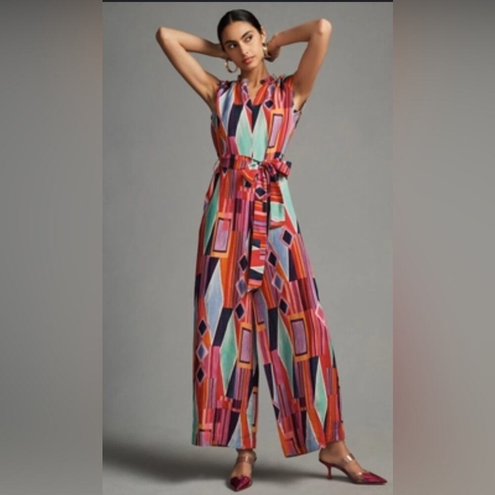 Ranna Gill Printed Wide Leg Jumpsuit Women L Red Good Ruffle V Neck Boho‎
